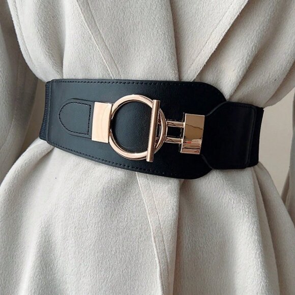 Black Elevated contemporary Women\'s Waist Gold Buckle Belt
